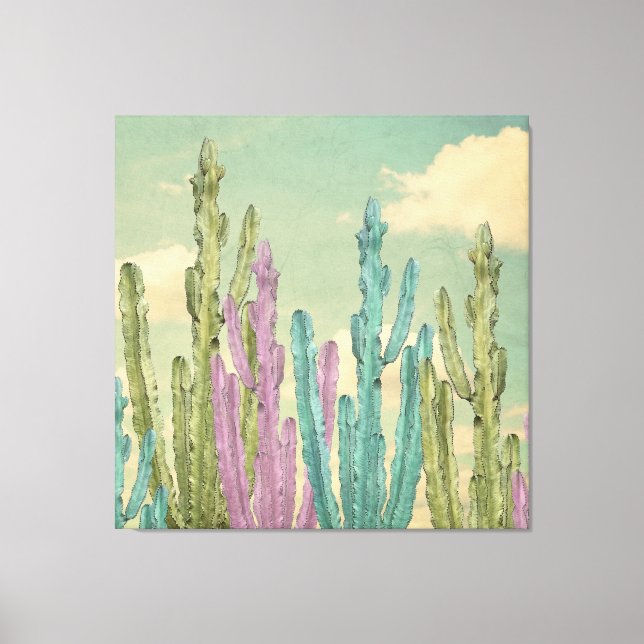 Pastel Cactus mot molda himlar Collage Canvastryck (Framsida)