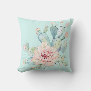 Pastel Cactus och Rosa Flower Kudde