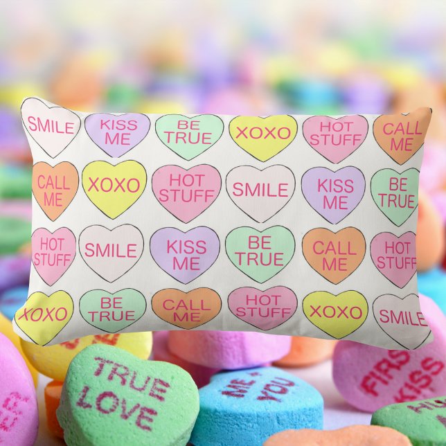Pastel Candy Hearts Kärlek Alla hjärtans dag Decor Lumbarkudde (Candy conversation hearts pillow)