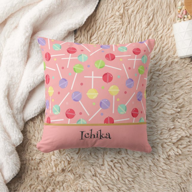 Pastel Candy Lollipop Patterned Pink Kudde (Filt)