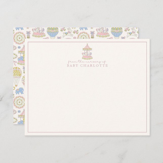 Pastel Carousel Nursery Note Card Inbjudningar (Fram/baksida)