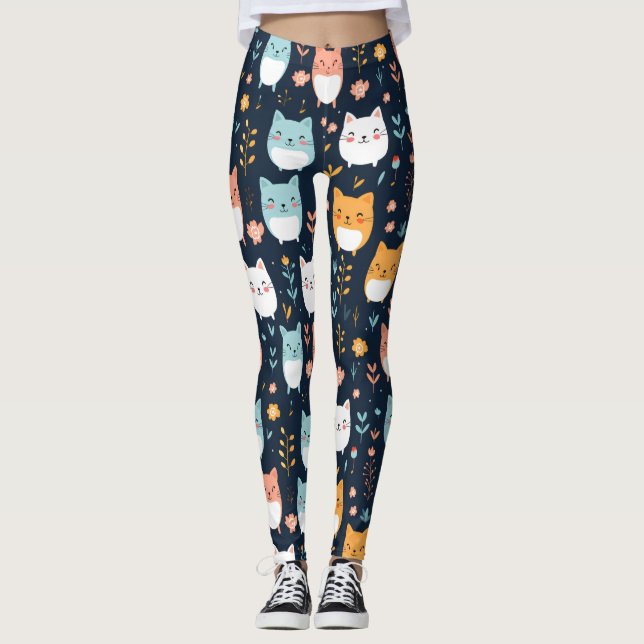 Pastel Cats Mönster Leggings (Framsida)