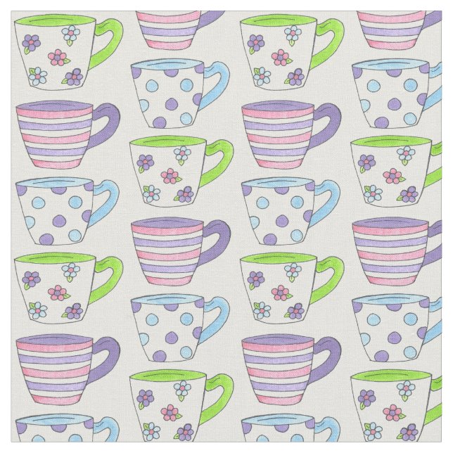 Pastel Ceramic Tekopp Tea Party Rosa Lila Grönt Tyg (Närbild)