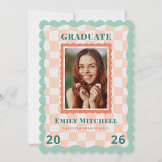 Pastel Checkered Grad Announcement with Photo Inbjudningar