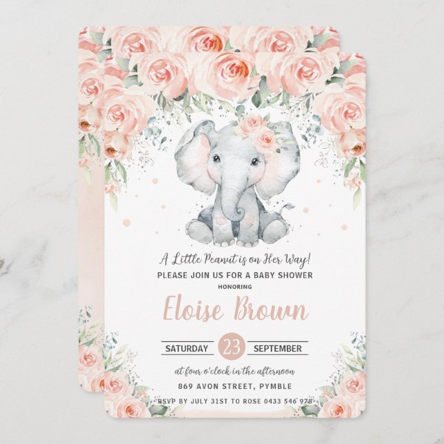 Pastel Chic  Blommigt Elephant Baby Shower Inbjudningar (Fram/baksida)
