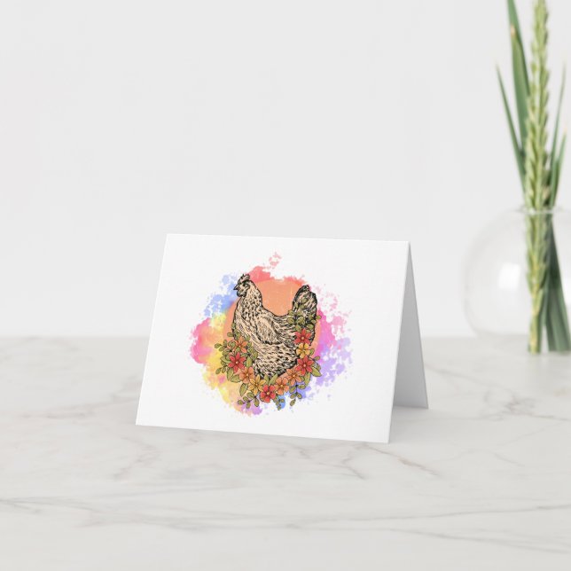 Pastel Chicken med Flowers Design BLANK Kort (Framsida)
