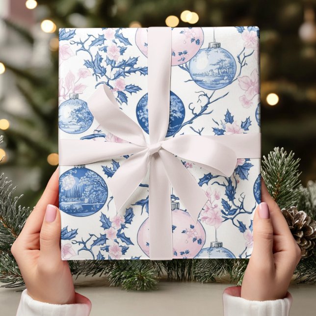 Pastel Chinoiserie Blue & Rosa jul Ornament Presentpapper (Skapare uppladdad)
