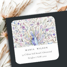 Pastel Classy Ornate Watercolor Peacock Adress Fyrkantigt Klistermärke