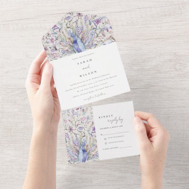 Pastel Classy Ornate Watercolor Peacock Bröllop (Avrivbar del)