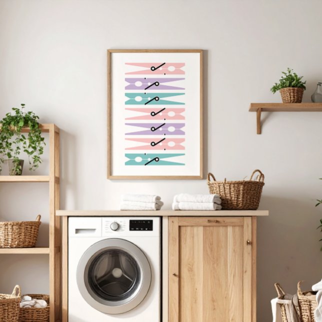 Pastel Clothes Stift Tvätt Room Art Poster (pretty pastel pink, lilac and teal on white modern graphic clothes pins art for a fun laundry room)