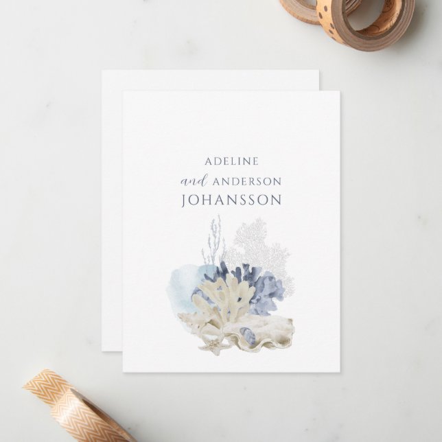 Pastel Coastal Coral Seashell Couple Namn Anteckningskort (Fram/Back In Situ)