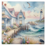 Pastel Coastal Cottage & Lighthouse Scene Kakelplatta<br><div class="desc">Gå in i en stillastående drömma om havsbottnen med denna kuststuga där känsliga vattenfärgstreck för med sig ett charmerande oceanfront till livet. En väderblå stuga ligger bredvid vågar, omgiven av blomande vattenområden och långa vilda blommor, eftersom en trädocka leder till flodmynningen. Fiskmås ligger över marken, vilket ökar rörligheten och lugnet...</div>