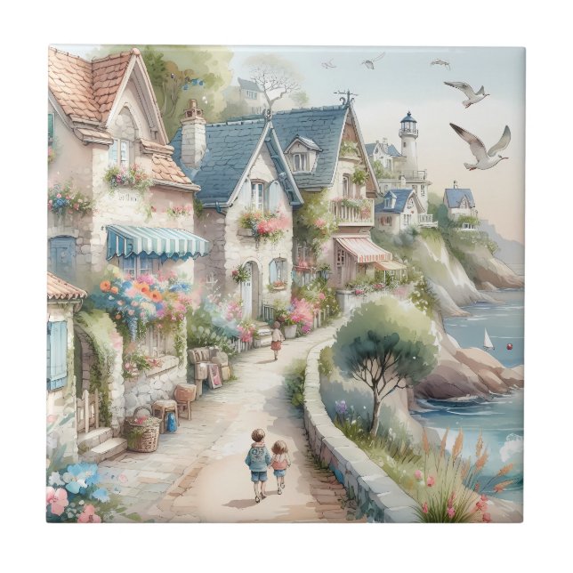 Pastel Coastal Cottage Village Escape Kakelplatta (Framsidan)