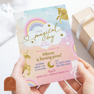 Pastel Colorful Guld Magic Unicorn Girl Birthday Inbjudningar