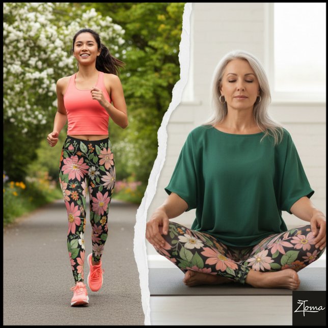 Pastel Coral Retro Floral Daisy Backdrop - black Leggings (Skapare uppladdad)