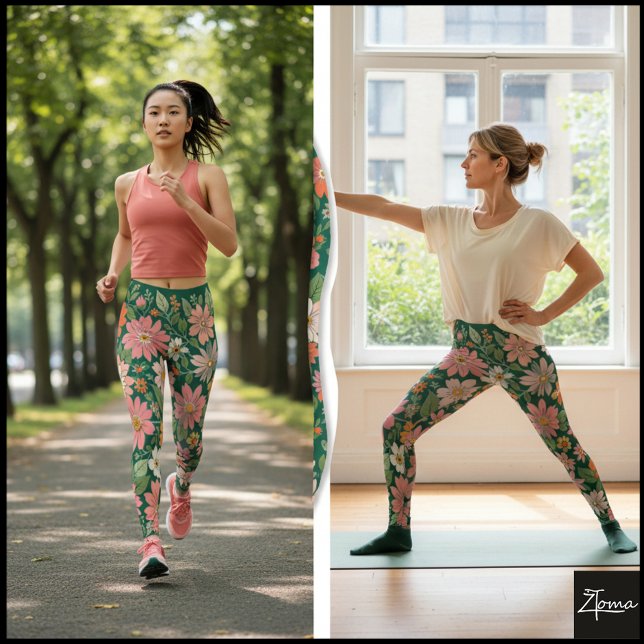 Pastel Coral Retro Floral Daisy Backdrop - green Leggings (Skapare uppladdad)