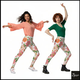 Pastel Coral Retro Floral Daisy Backdrop Leggings
