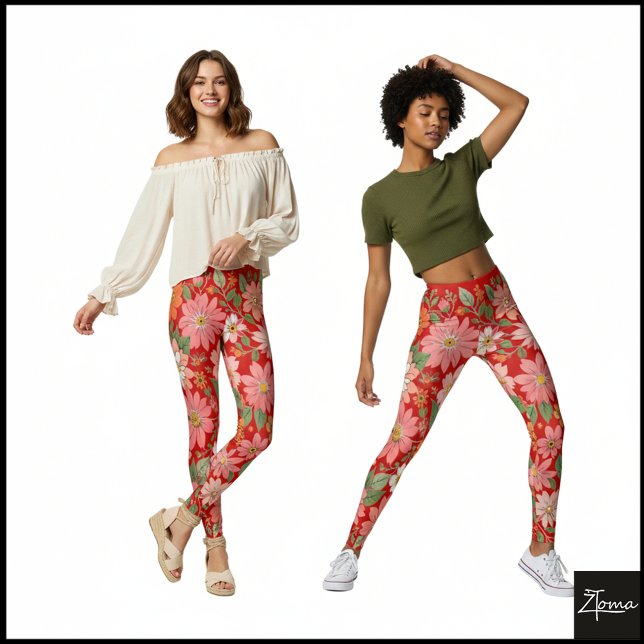 Pastel Coral Retro Floral Daisy Backdrop - Red Leggings (Skapare uppladdad)