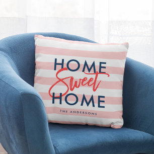 Pastel Coral Rosa Rand Blue Home Sweet Home Kudde
