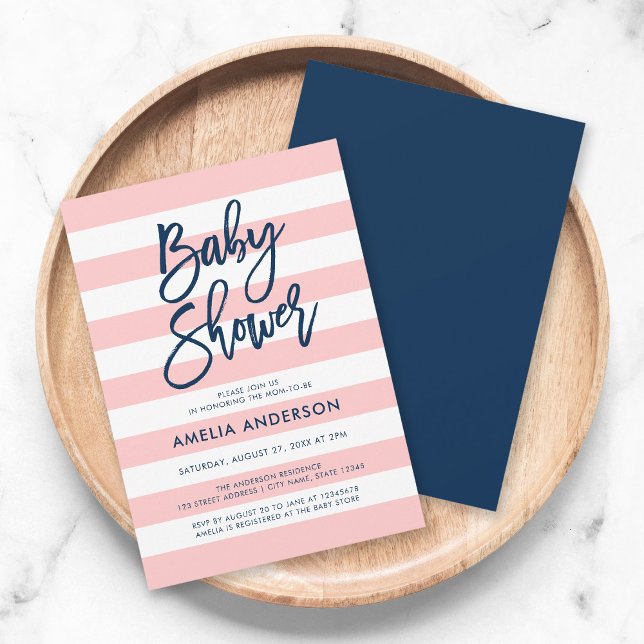 Pastel Coral Rosa White Rand Blue Baby Shower Inbjudningar (Skapare uppladdad)
