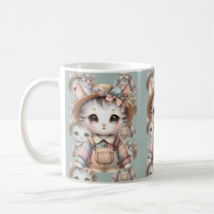Pastel Cottagecore Cat in Overalls & Straw Hat Kaffemugg