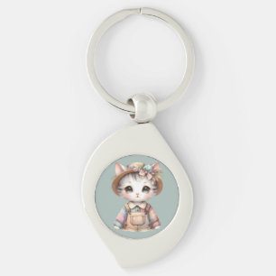 Pastel Cottagecore Cat in Overalls & Straw Hat Swirl Silverfärgad Nyckelring