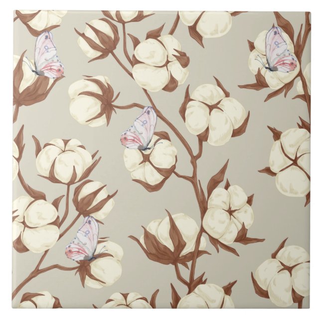Pastel Cotton Flower and Butterflies Botanical  Kakelplatta (Framsidan)