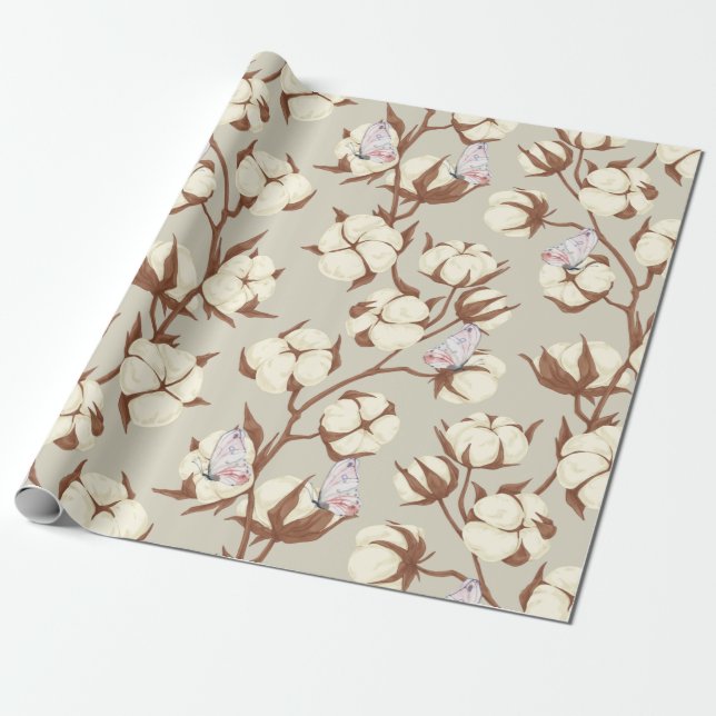 Pastel Cotton Flower and Butterflies Botanical  Presentpapper (Utrullad)