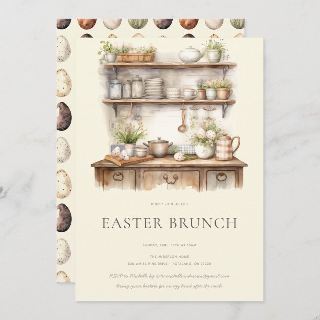 Pastel Cream & Brown Vintage Kitchen Easter Brunch Inbjudningar (Fram/baksida)