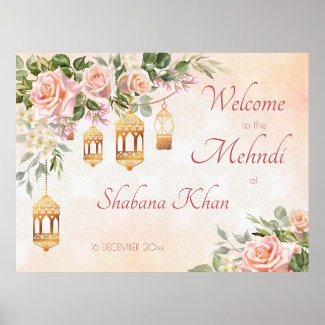 Pastel cream pink roses Arabian lanterns mehndi Poster (Framsidan)