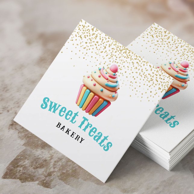 Pastel Cupkaka Guld Confetti Bakery & Pastry Chef Fyrkantigt Visitkort (Skapare uppladdad)