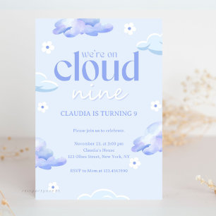 Pastel Cute Cloud Nine Girls och Boys 9:e födelsed Inbjudningar