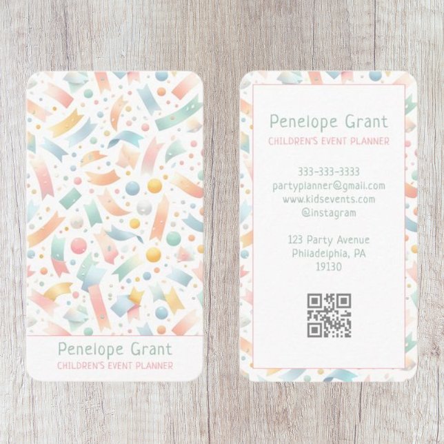 Pastel Cute Confetti Kids Party och händelseplaner Visitkort (Skapare uppladdad)