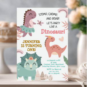 Pastel Cute Dino första födelsedagsdosinosaur Inbjudningar