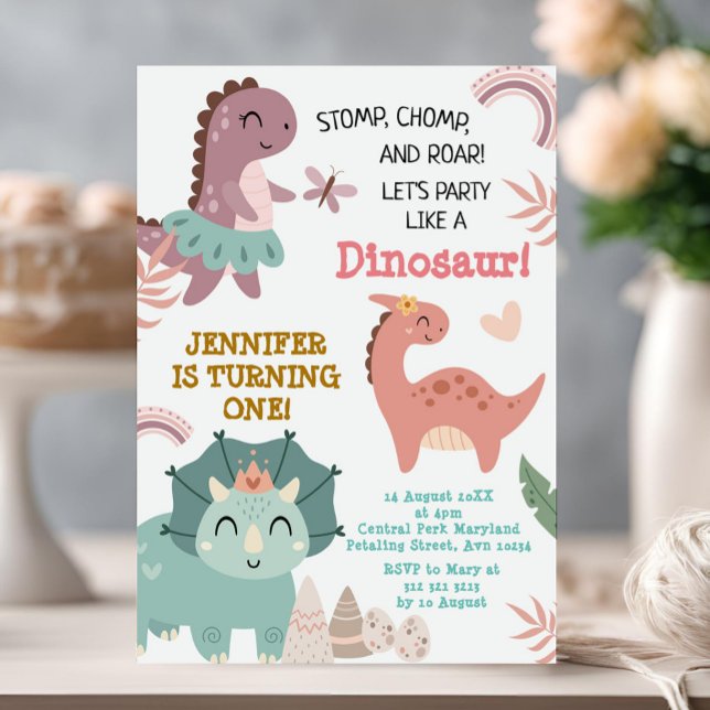 Pastel Cute Dino första födelsedagsdosinosaur Inbjudningar (Skapare uppladdad)