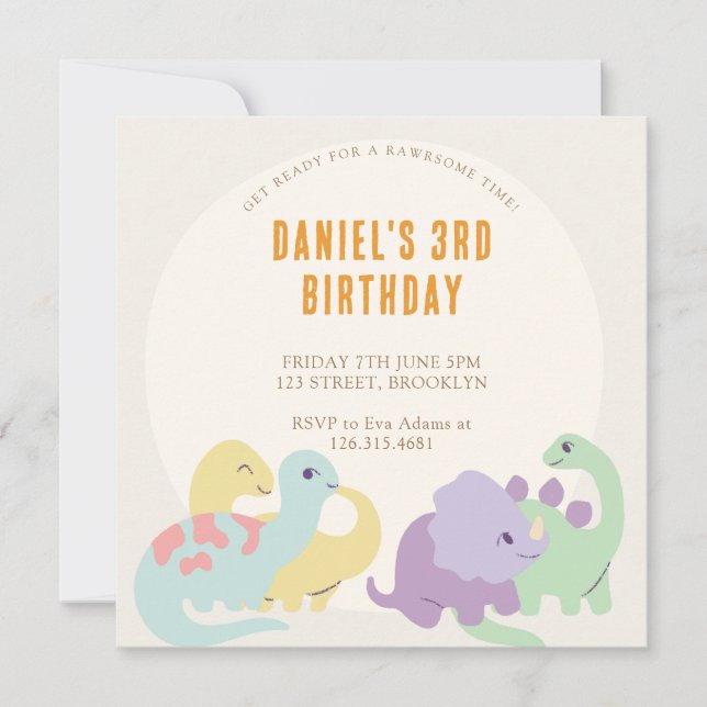 Pastel Cute Illustrated Dinosaur Barns födelsedag Inbjudningar (Framsida)