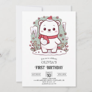 Pastel Cute Polar Bear 1:a födelsedag Digital Inbjudningar