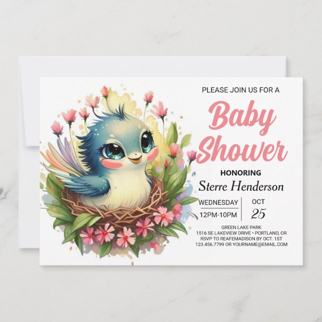 Pastel Cute Rosa Bird Baby Shower Inbjudningar (Framsida)