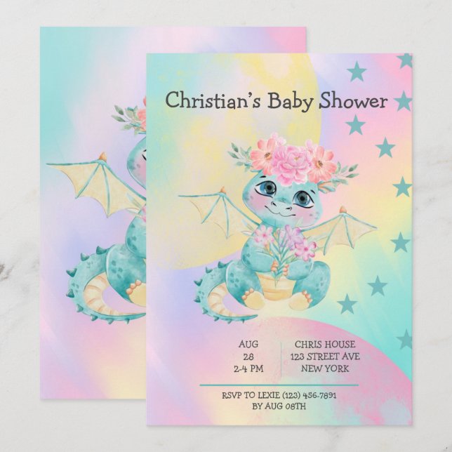 Pastel Cute Teal Dragon Peony Girl Shower Inbjudningar (Fram/baksida)