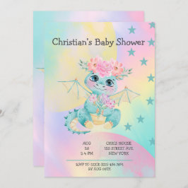 Pastel Cute Teal Dragon Peony Girl Shower Inbjudningar