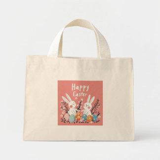 Pastel Cute Two Bunny Illustration Tote Bag Mini Tygkasse
