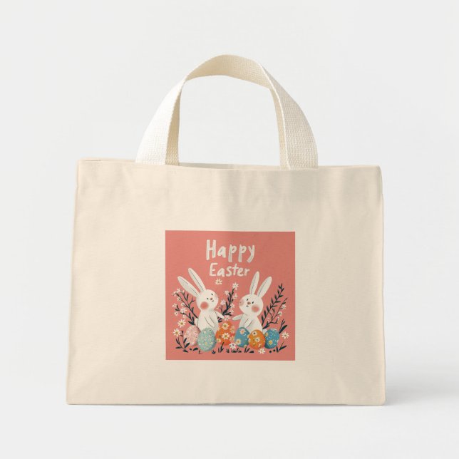 Pastel Cute Two Bunny Illustration Tote Bag Mini Tygkasse (Framsidan)