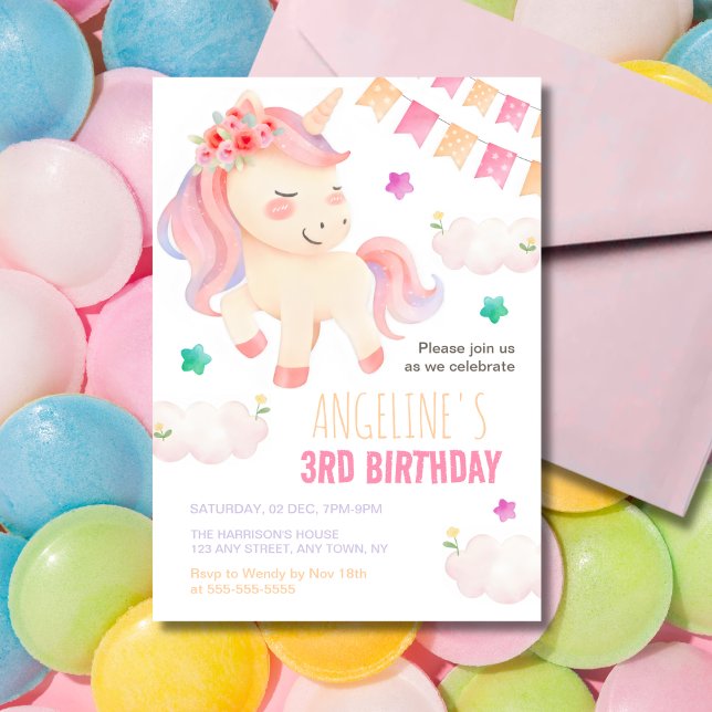 Pastel Cute Unicorn Bunting Flagga Girl Birthday Inbjudningar (Skapare uppladdad)
