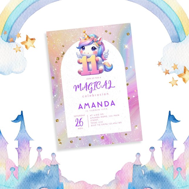 Pastel Cute Unicorn Girl 11:e födelsedagsinbjudan Inbjudningar (Skapare uppladdad)