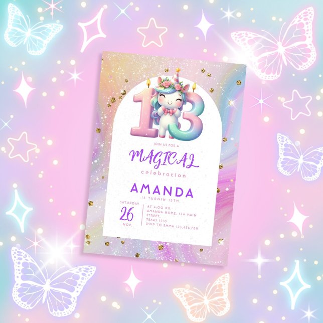 Pastel Cute Unicorn Girl 13:e födelsedagsinbjudan Inbjudningar (Skapare uppladdad)