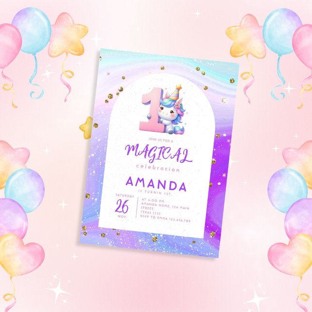 Pastel Cute Unicorn Girl 1:a födelsedagen Inbjudningar (Skapare uppladdad)
