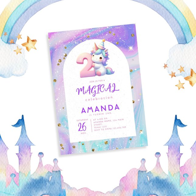 Pastel Cute Unicorn Girl 2:a födelsedagen Inbjudningar (Skapare uppladdad)