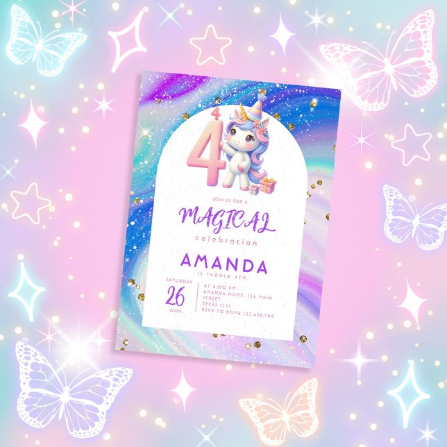 Pastel Cute Unicorn Girl 4e födelsedagen Inbjudningar (Skapare uppladdad)