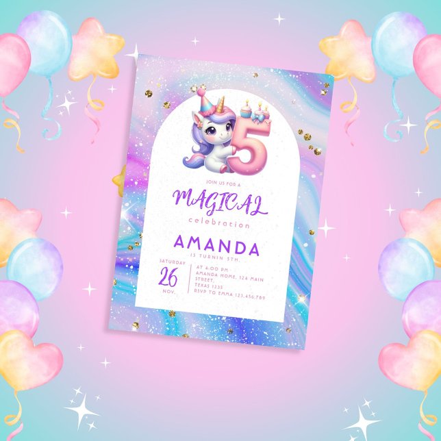 Pastel Cute Unicorn Girl 5:e födelsedagen Inbjudningar (Skapare uppladdad)