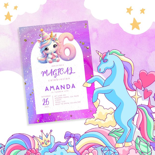 Pastel Cute Unicorn Girl 6e Birthday Inbjudningar (Skapare uppladdad)